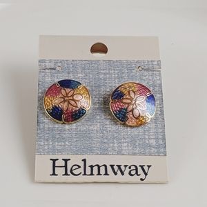 Vintage Cloisonne Floral Button Earrings Rainbow